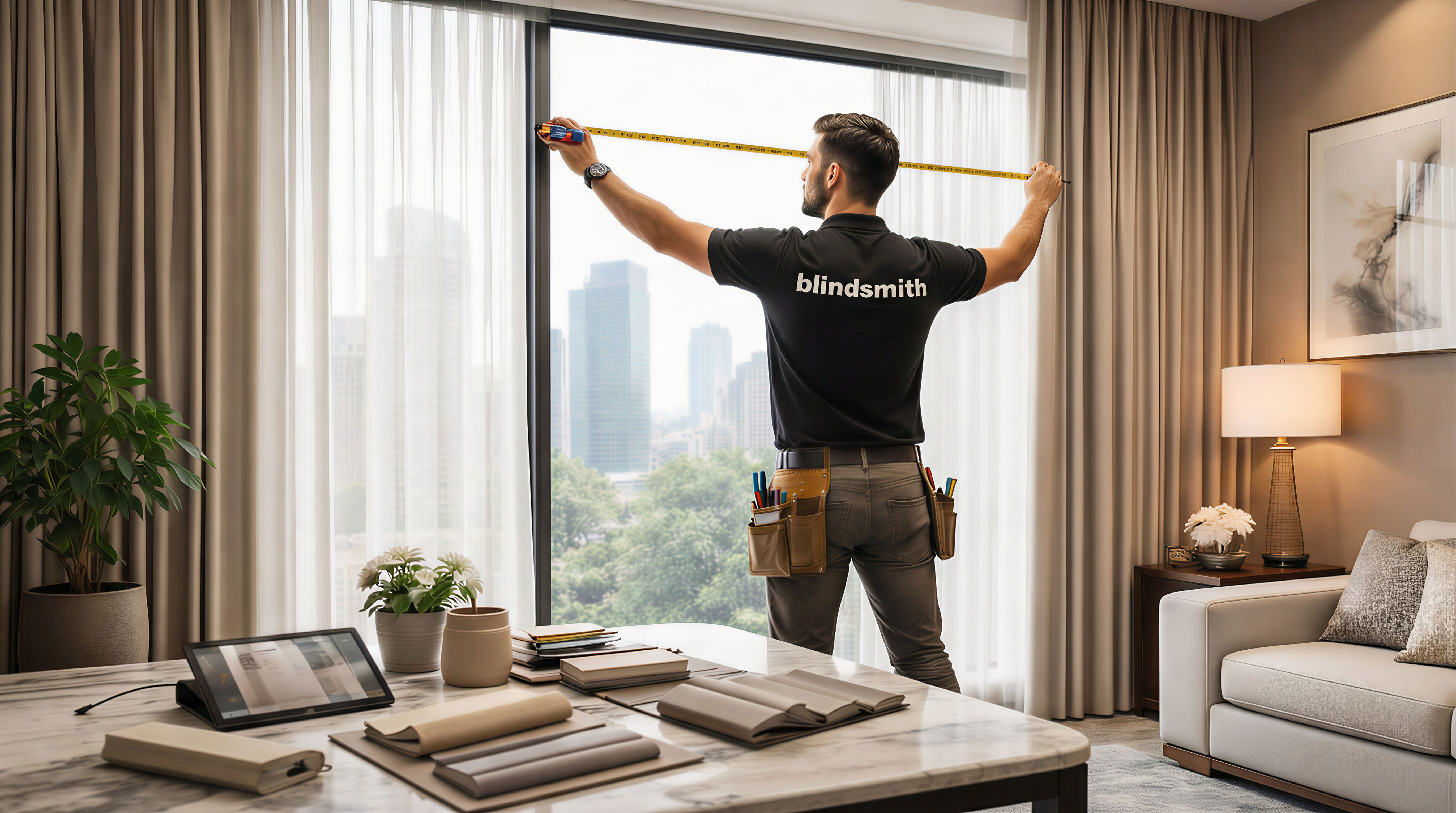 Master craftsman measuring and fitting a bespoke window blind in a luxury interior